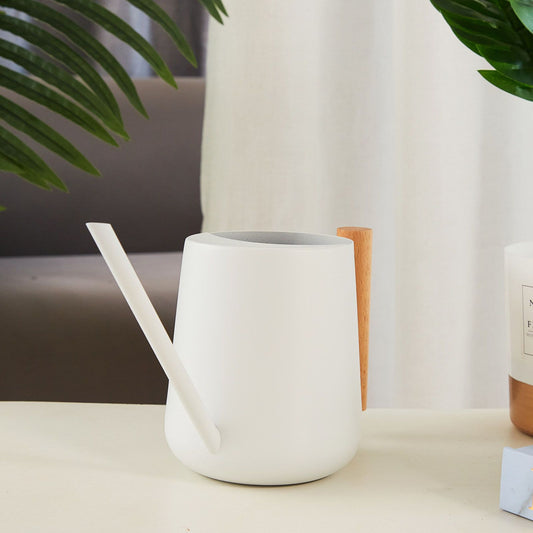 White watering can on a table beside a houseplant