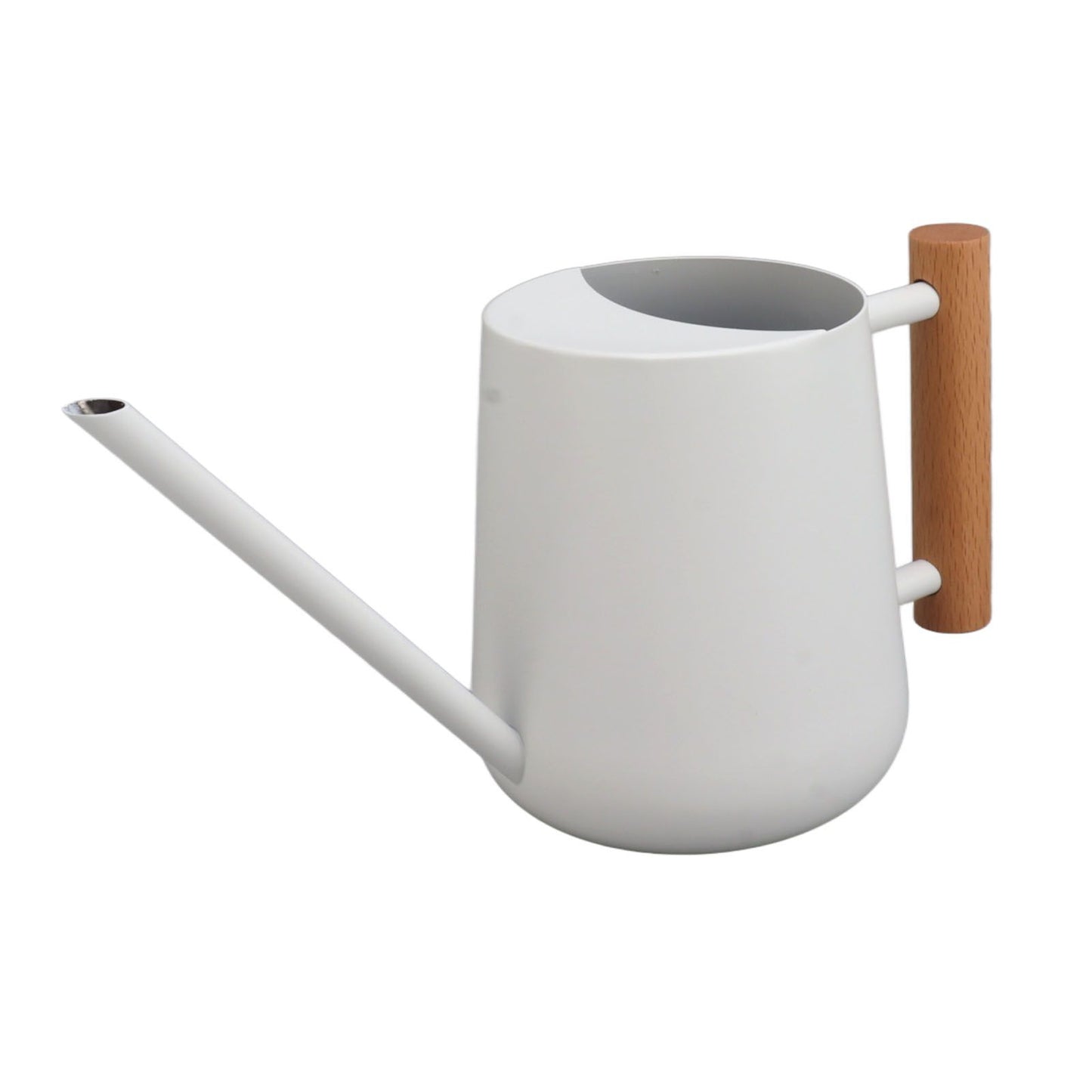 White watering can with long spout and wooden handle, side view