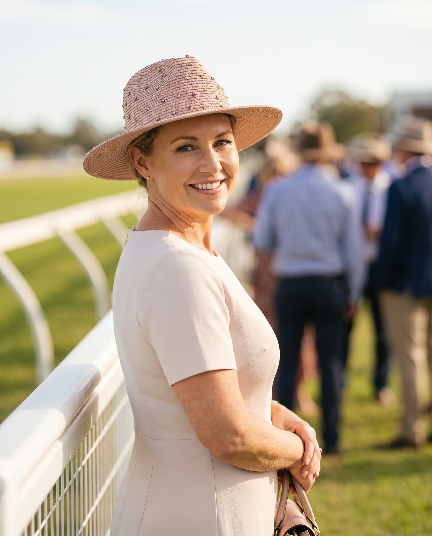 Woman at the races wearing the pink straw hat