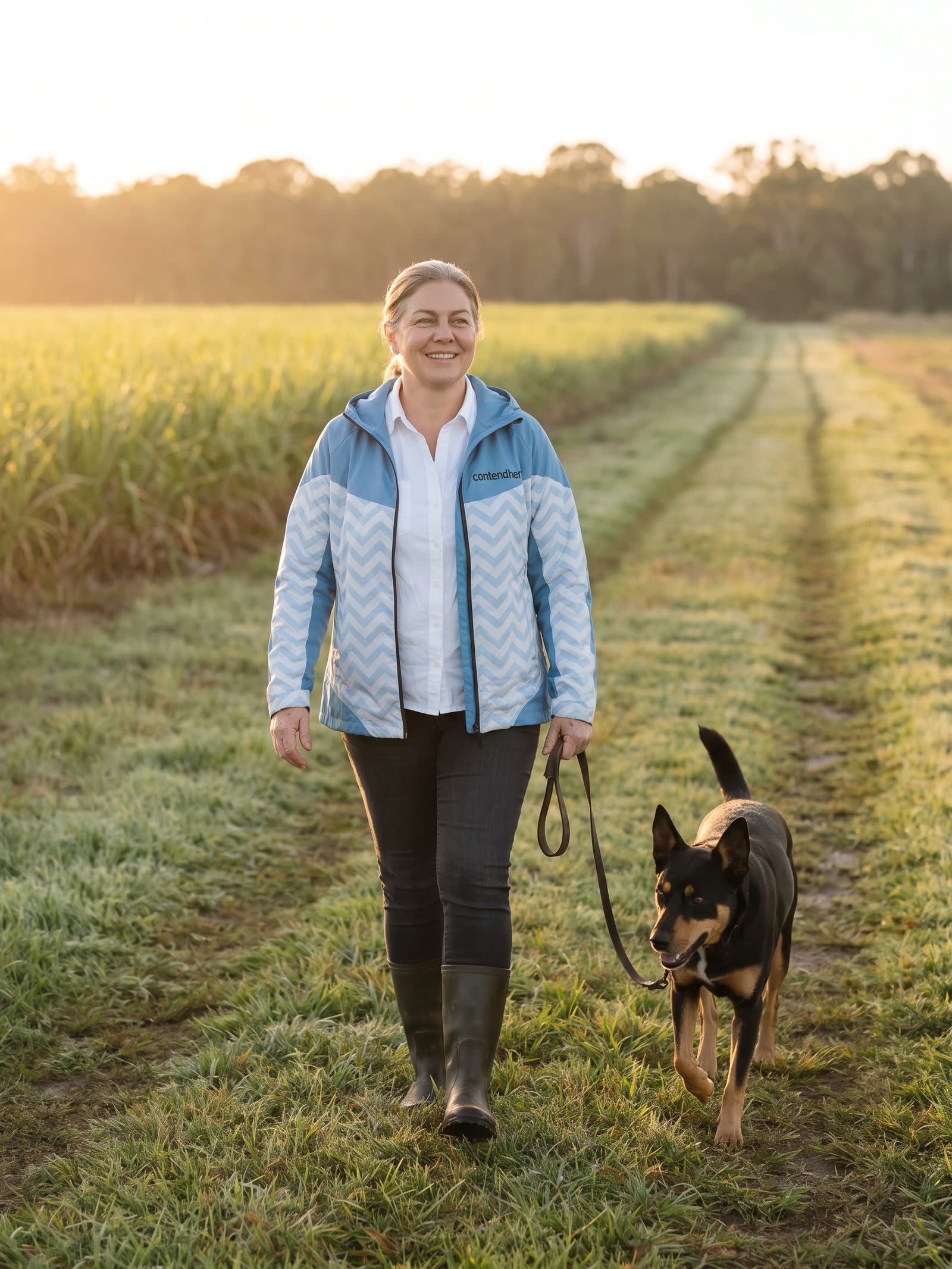 A woman walking a kelpie along a track beside a cane field in golden afternoon light, wearing the blue chevron Stormchaser