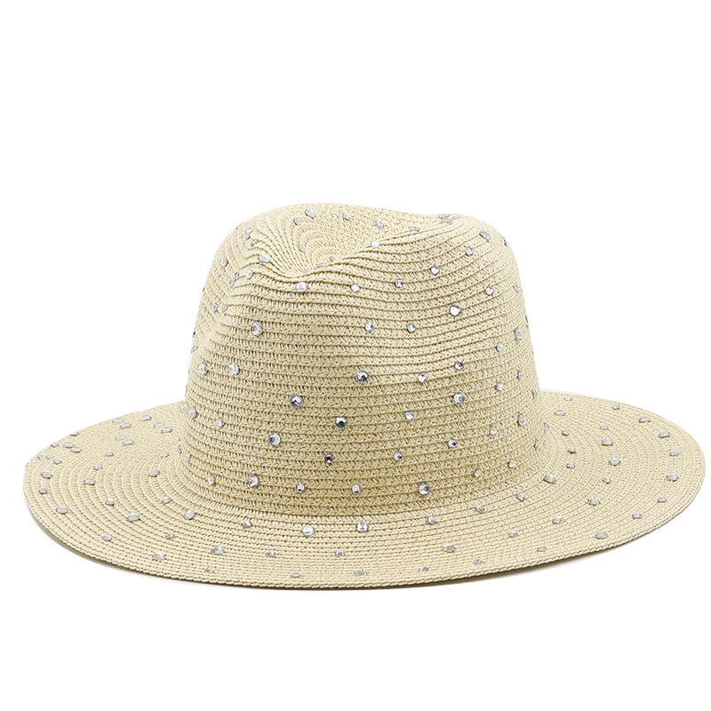 Luxury diamond Panama Soft Shaped Straw Hat Summer Women Wide Brim Beach Sun Cap UV Protection Girl Fedora Hat
