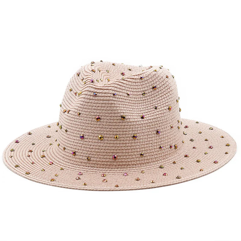 Luxury diamond Panama Soft Shaped Straw Hat Summer Women Wide Brim Beach Sun Cap UV Protection Girl Fedora Hat