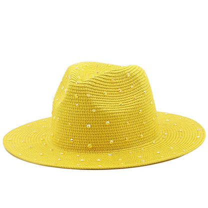 Luxury diamond Panama Soft Shaped Straw Hat Summer Women Wide Brim Beach Sun Cap UV Protection Girl Fedora Hat