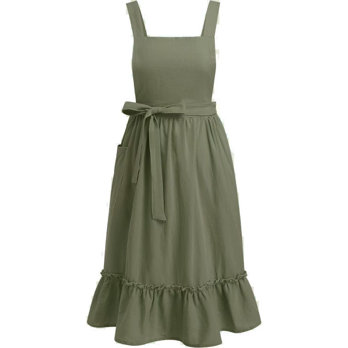 Olive garden apron with ruffled hem and waist ties on a white background