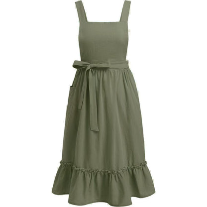 Olive garden apron with ruffled hem and waist ties on a white background