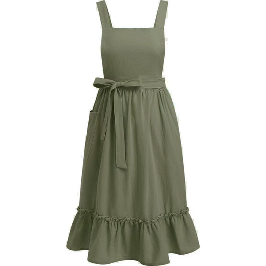 Olive garden apron with ruffled hem and waist ties on a white background