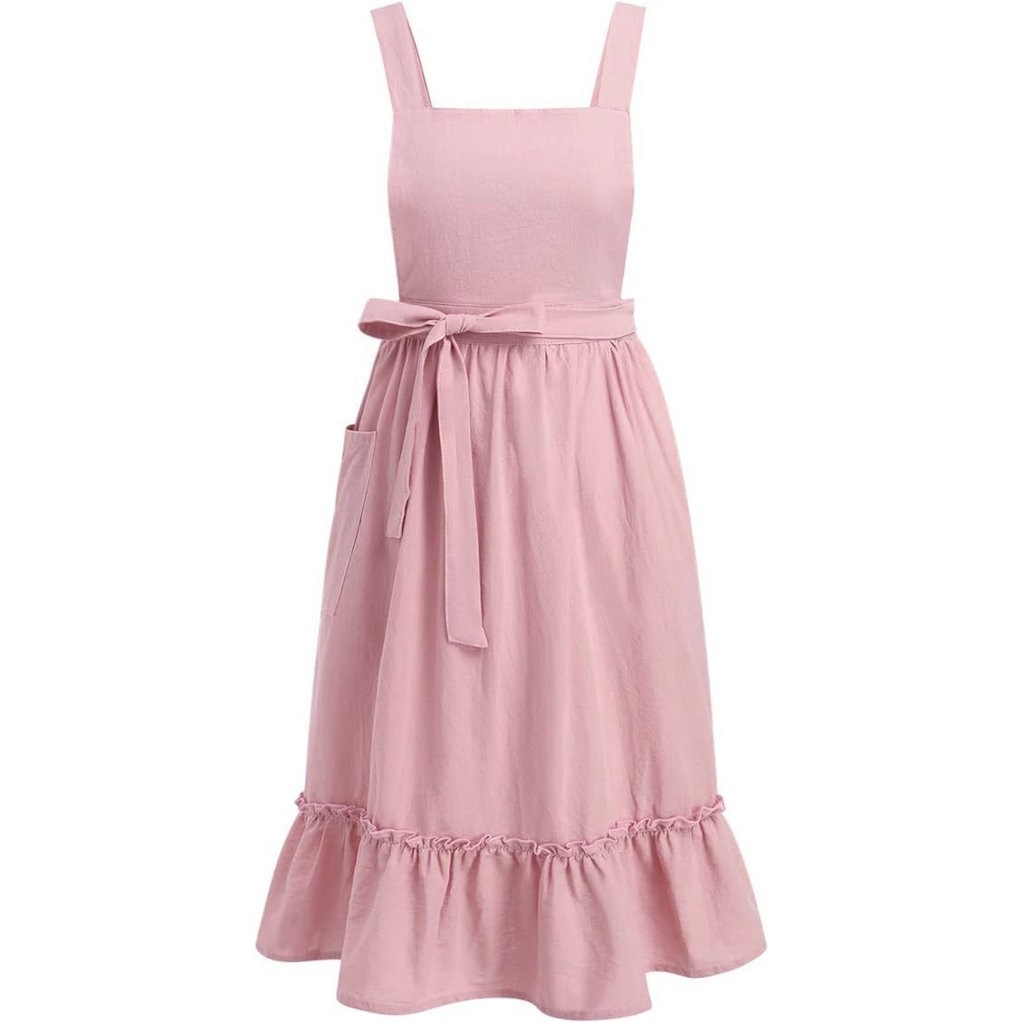Pink garden apron with ruffled hem and waist ties on a white background