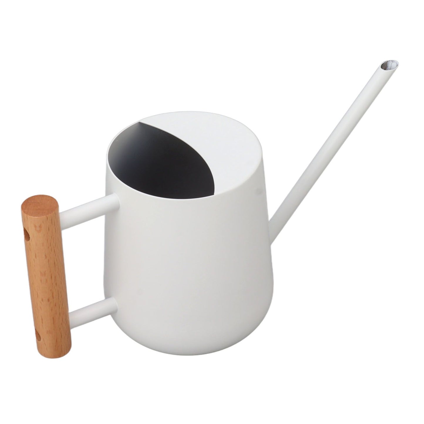 White watering can with long spout and wooden handle on a white background