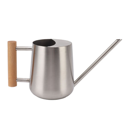Stainless steel watering can with long spout and wooden handle, side view