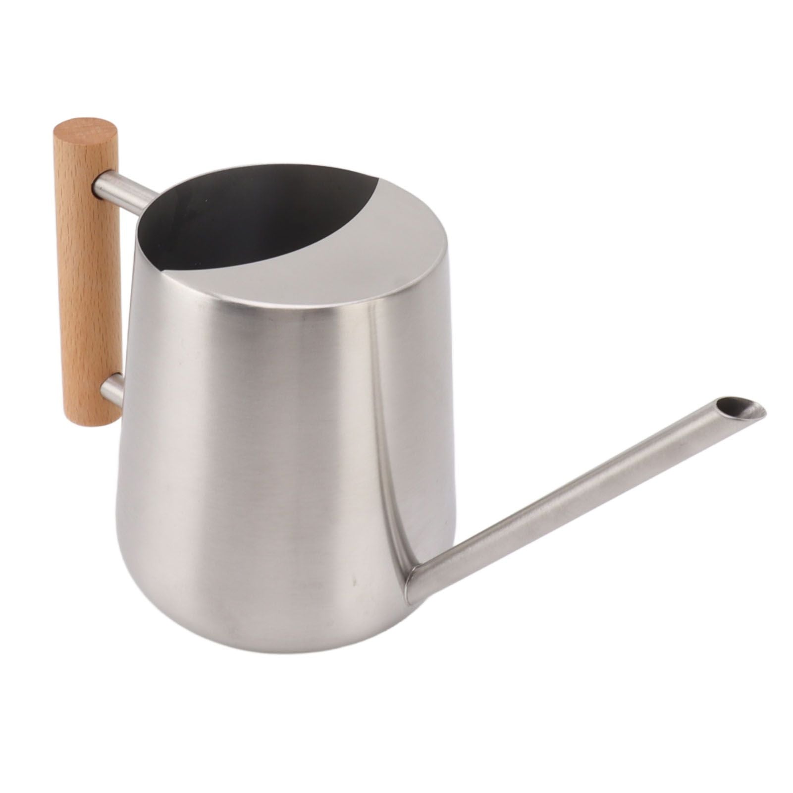 Stainless steel watering can with long spout and wooden handle on a white background