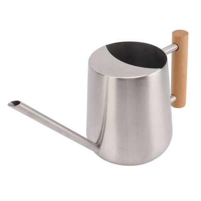 Stainless steel watering can with long spout and wooden handle, angled view