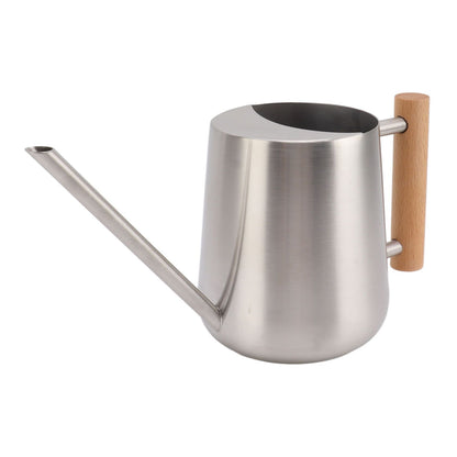 Stainless steel watering can with long spout and wooden handle, front view