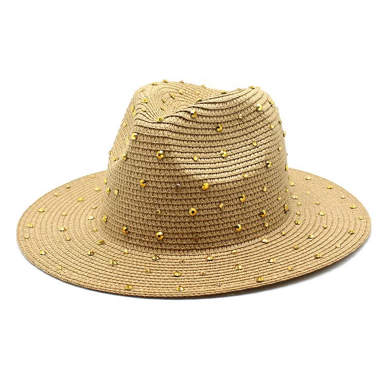 Khaki wide brim straw hat with rhinestones on a white background
