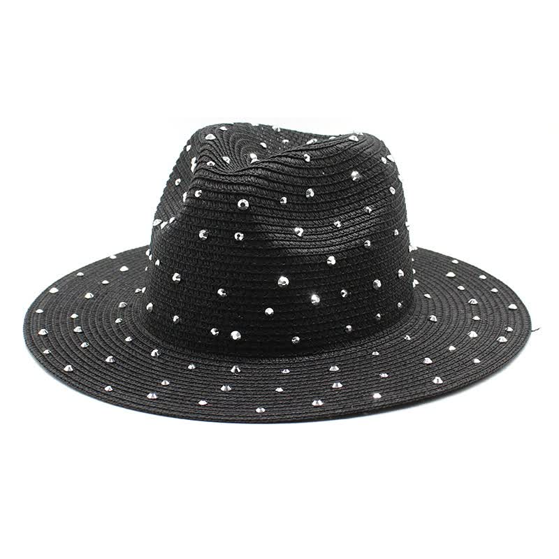 Black wide brim straw hat with rhinestones on a white background