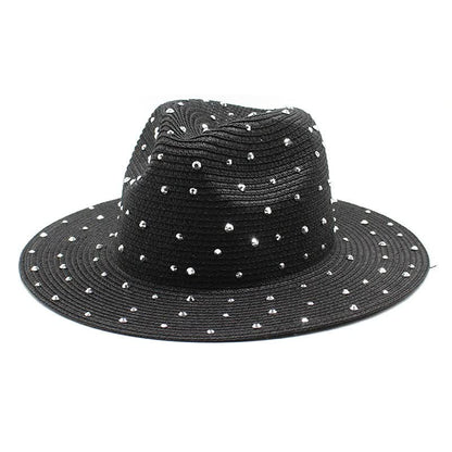 Black wide brim straw hat with rhinestones on a white background