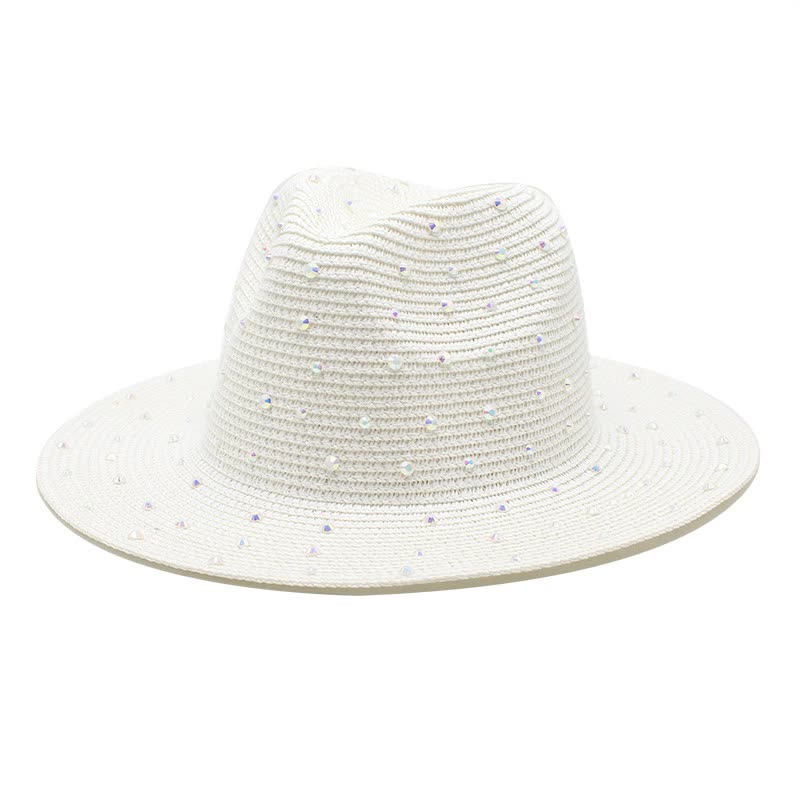 White wide brim straw hat with rhinestones on a white background