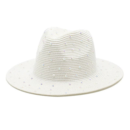 White wide brim straw hat with rhinestones on a white background