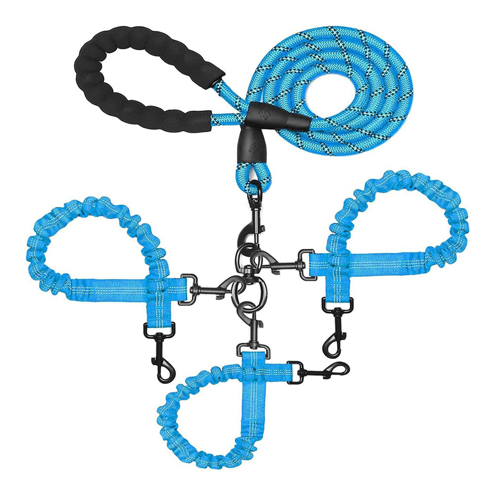 Blue three-way dog lead, padded handle, bungee couplers and three clips, laid flat