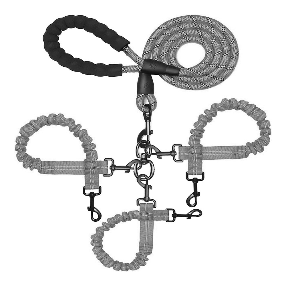 Grey three-way dog lead, padded handle, bungee couplers and three clips, laid flat