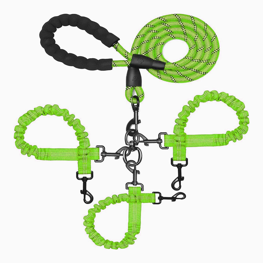Green three-way dog lead, padded handle, bungee couplers and three clips, laid flat