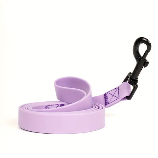 Lilac PVC coated dog lead coiled with a black clip on a white background