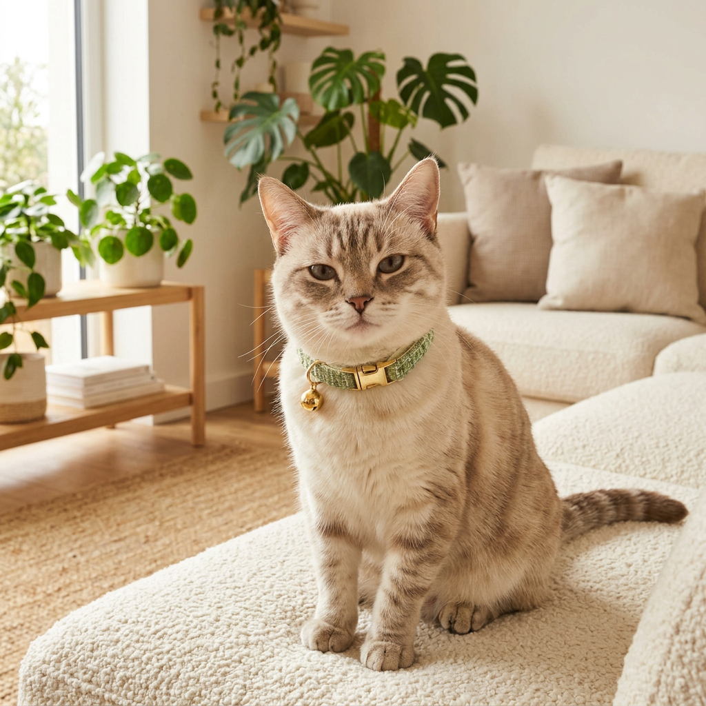 Cat wearing the green tweed collar with gold bell in a living room
