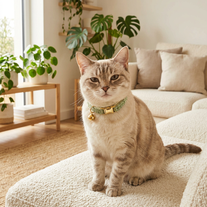 Cat wearing the green tweed collar with gold bell in a living room