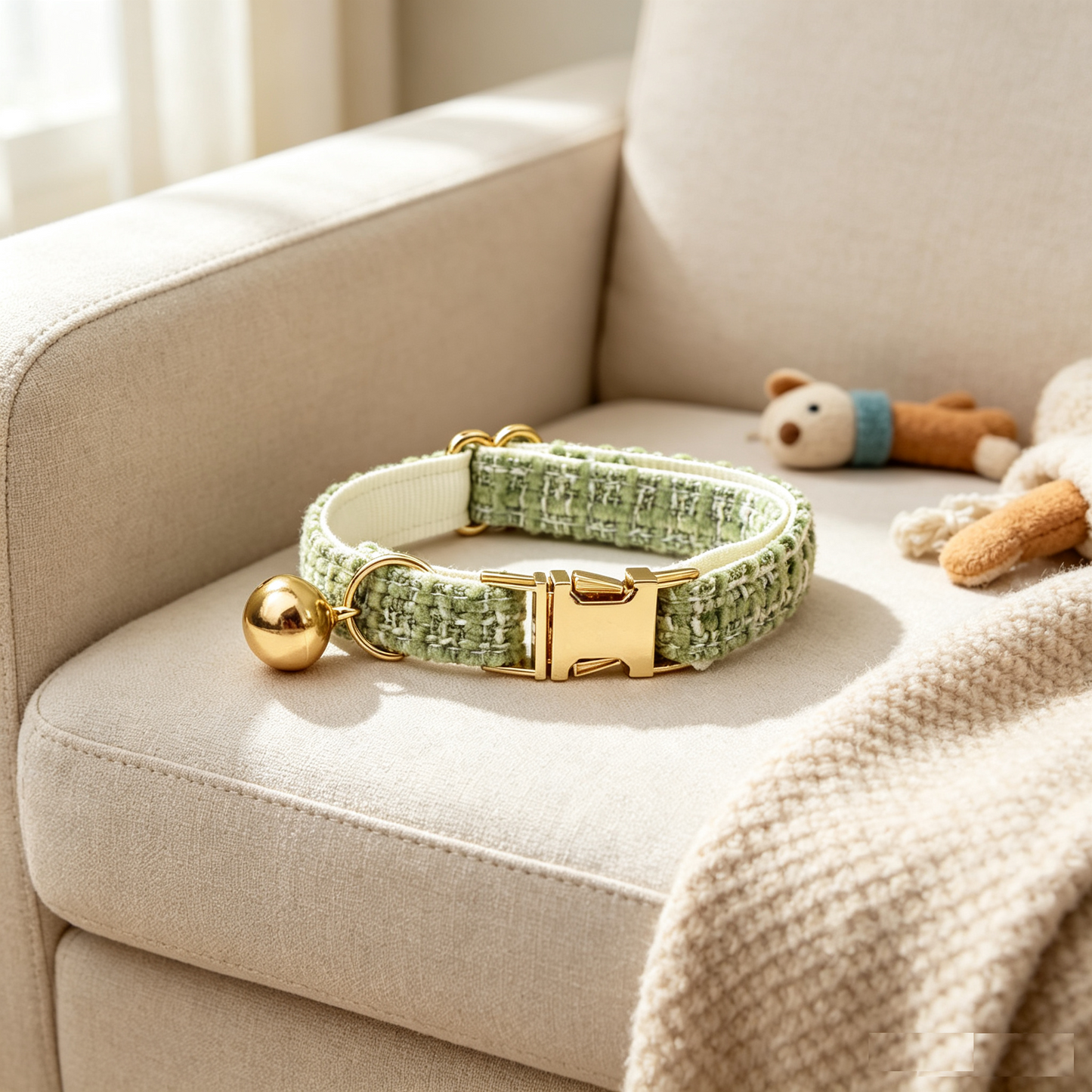 Green tweed pet collar with gold bell and buckle resting on a lounge