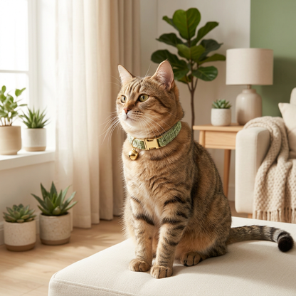 Cat wearing the green tweed collar with gold bell beside a window