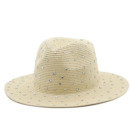 Luxury diamond Panama Soft Shaped Straw Hat Summer Women Wide Brim Beach Sun Cap UV Protection Girl Fedora Hat