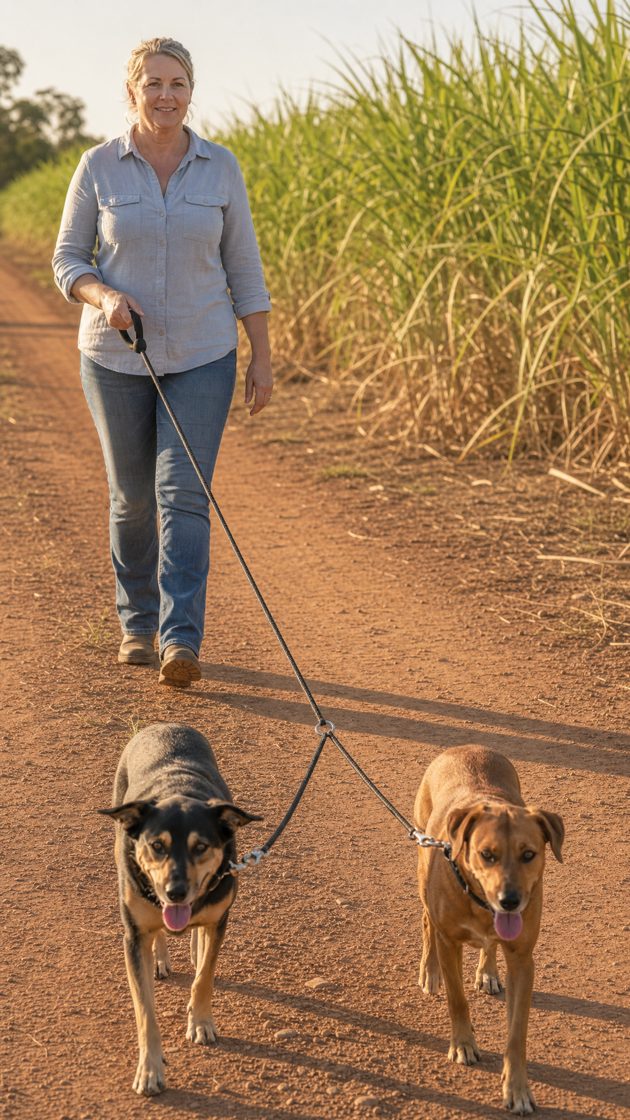 Woman walking two dogs along a dirt track using the three in one tangle free lead