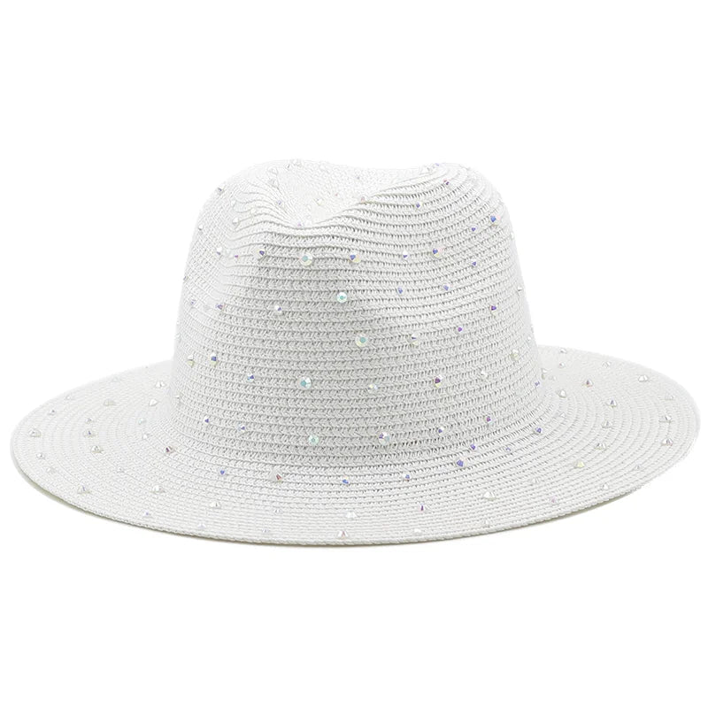 Luxury diamond Panama Soft Shaped Straw Hat Summer Women Wide Brim Beach Sun Cap UV Protection Girl Fedora Hat