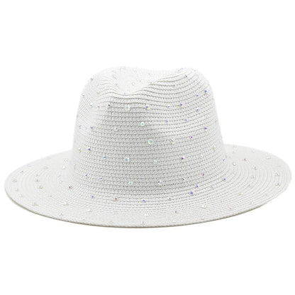 Luxury diamond Panama Soft Shaped Straw Hat Summer Women Wide Brim Beach Sun Cap UV Protection Girl Fedora Hat