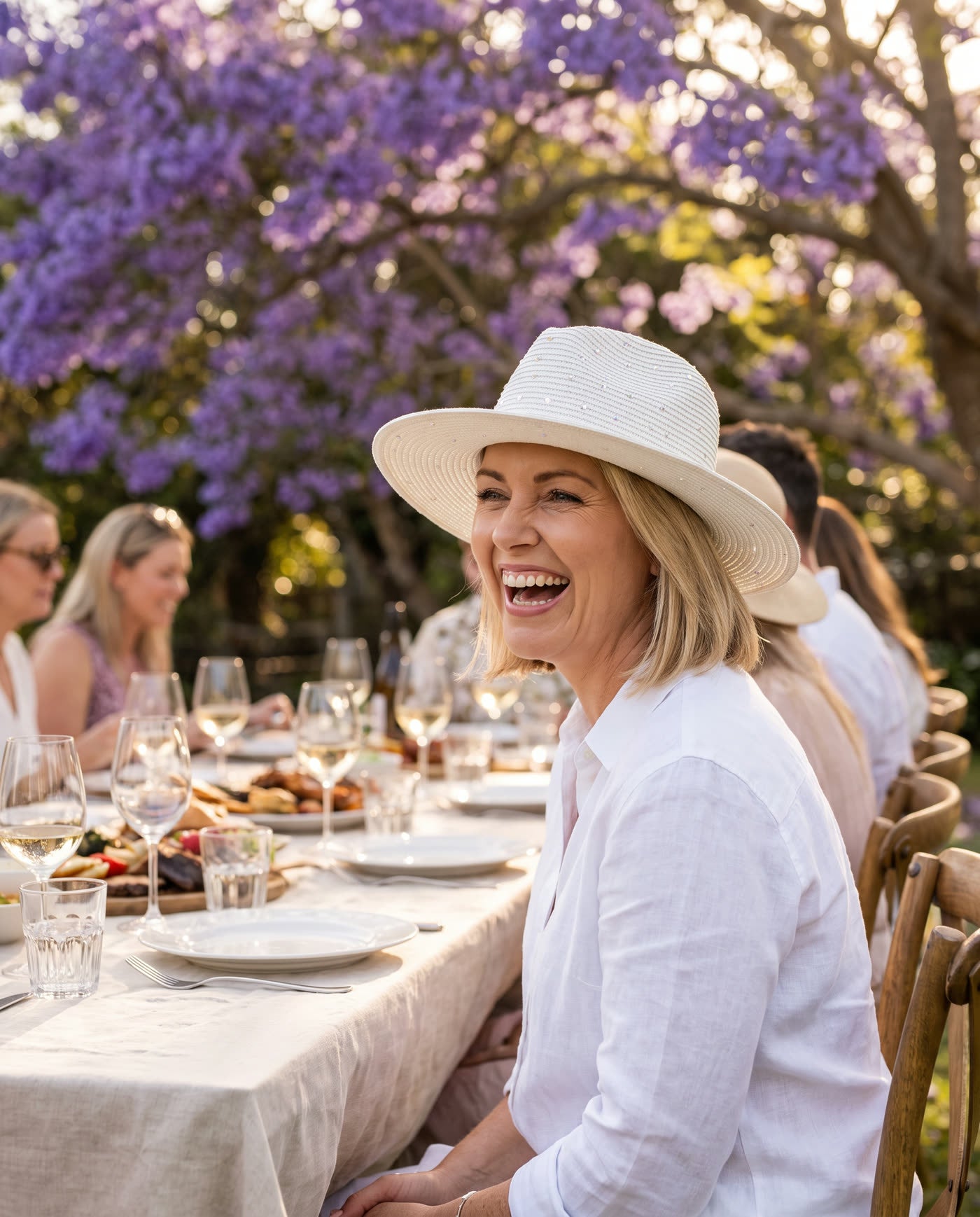 Woman laughing at an outdoor long lunch wearing the white straw hat