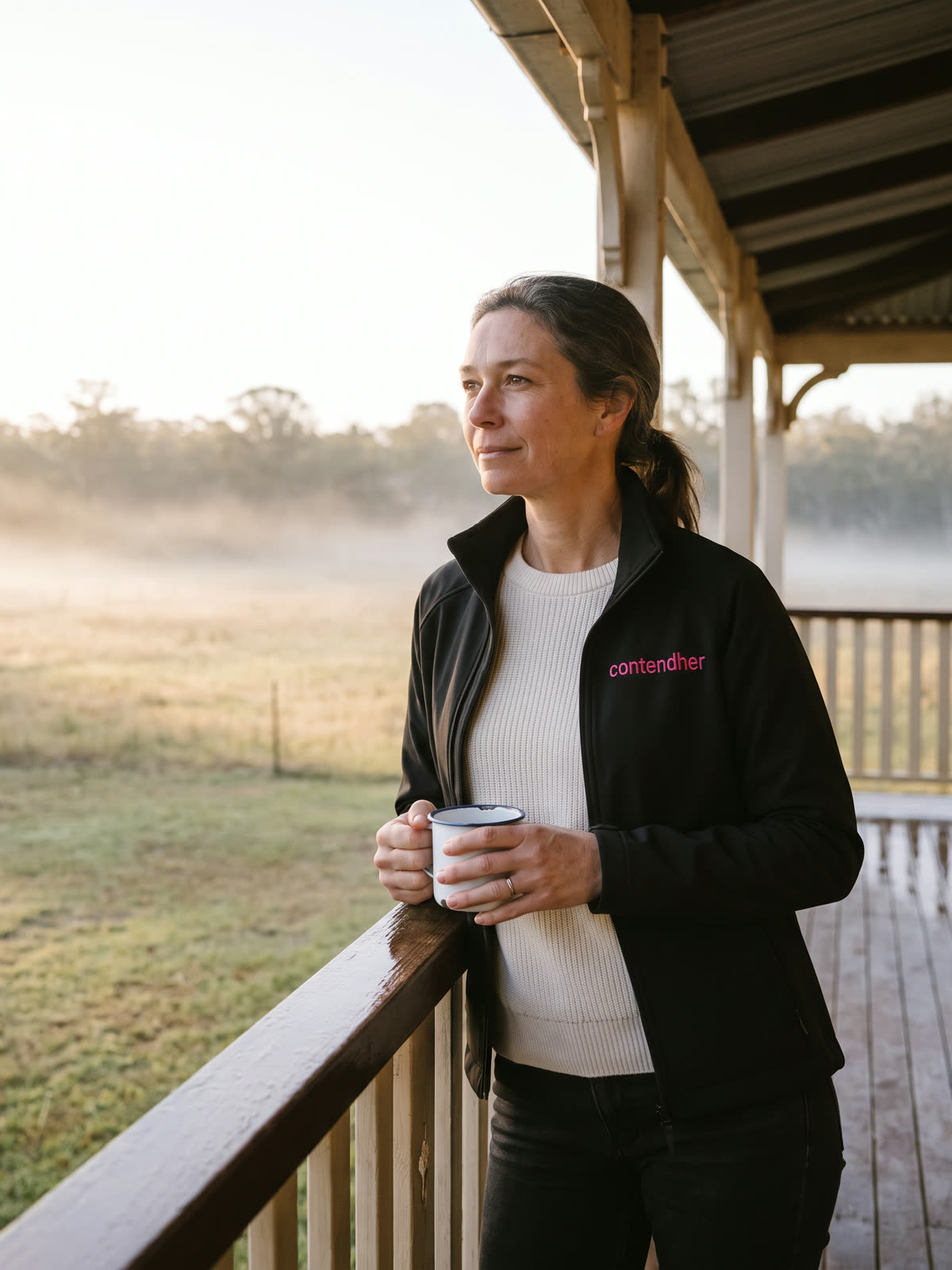 A woman on a Queenslander verandah with a mug, looking out over a misty paddock at sunrise, wearing the black Softshell