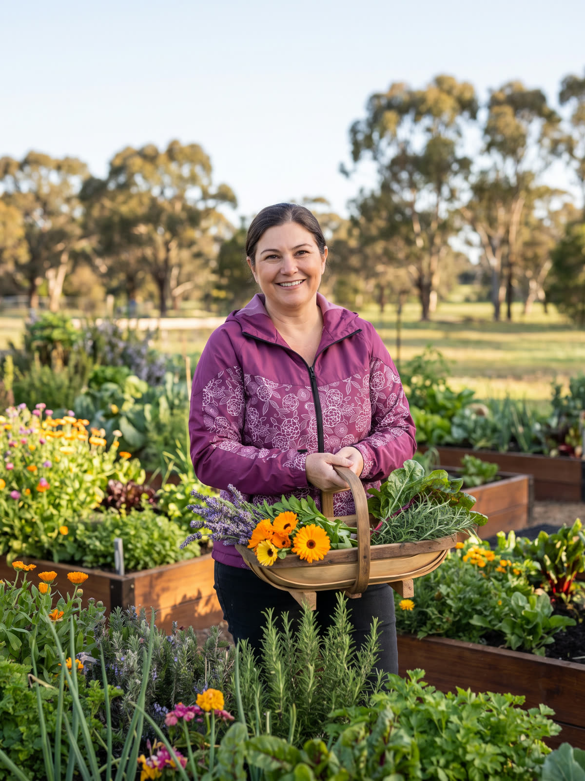 A woman carrying a trug of cut flowers through raised vegetable beds, wearing the berry floral Stormchaser