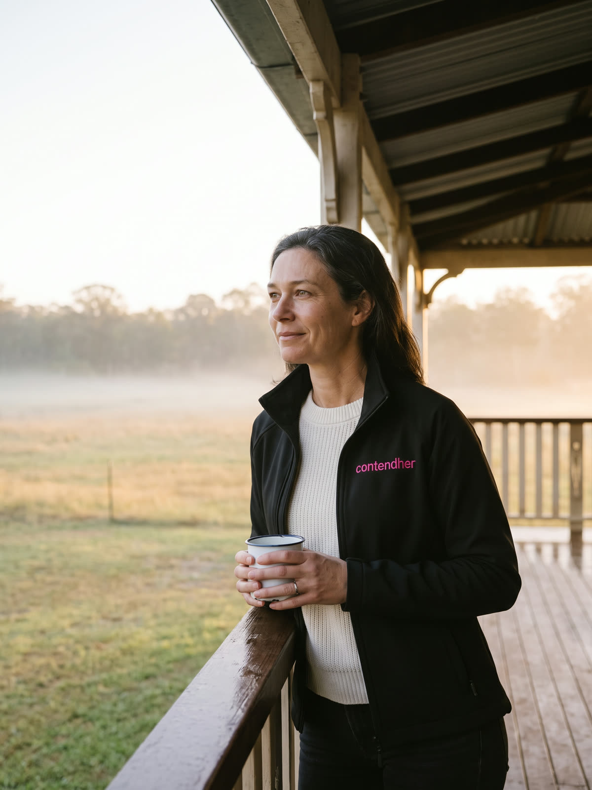 A woman on a timber verandah with a mug at first light, looking out over the paddock